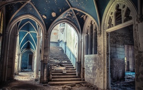 abandoned, hallway, arch, indoors, columns, architecture