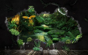 nature, plants, rock, water, parrot, CGI