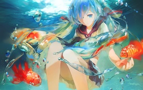 fish, Hatsune Miku, underwater, bubbles, Bottle Miku, anime