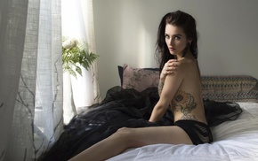 brunette, tattoo, no bra, girl, black panties, in bed