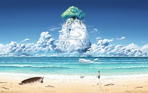 fantasy art, sea, trees, beach, waves, clouds