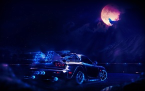 wolf, moon, neon, car