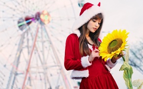 long hair, girl, sunflowers, Asian, Christmas, santa