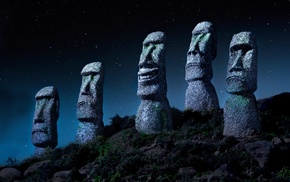 Easter Island, stone, Chile, monuments, starry night, statue