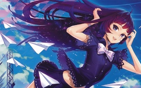 purple hair, long hair, anime girls, paper planes