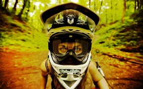 girl, closeup, forest, helmet