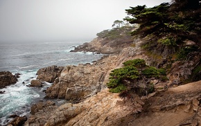 waves, landscape, cliff, mist, sea, HDR