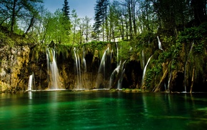 trees, nature, waterfall, landscape, lake