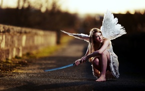 white dress, blonde, sword, girl, dress, wings