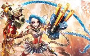 Jinx League of Legends, weapon, fan art, blue hair