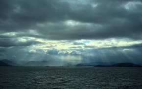 nature, sea, mountain, sun rays, Norway, sky