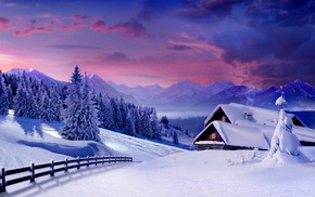 fence, nature, mountain, snowy peak, forest, cottage