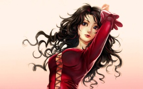 long hair, brunette, anime girls, red dress, dress, curly hair