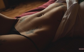 tattoo, pierced navel, black panties, Aleksandr Mavrin, girl, belly