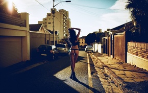 brunette, model, black panties, Martin Strauss, strings, street