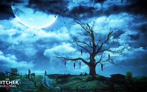 The Witcher 3 Wild Hunt, trees, moon, clouds, The Witcher, video games