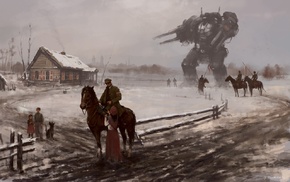 mech, science fiction, horse, robot, snow, Poland
