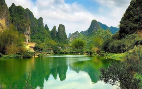 China, shrubs, cliff, water, limestone, mountain