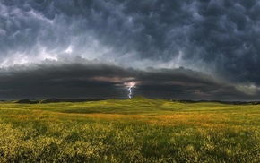 lightning, storm, landscape, nature, clouds, field