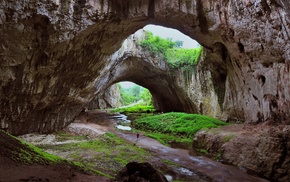 cave, Bulgaria, grass, rock, landscape, river