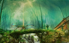 river, fantasy art, forest, temple