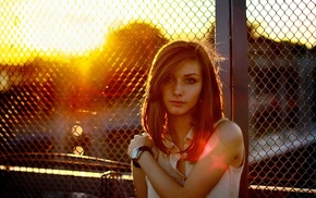 sunset, fence, girl