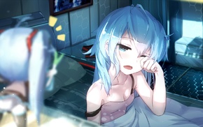 blue, Hatsune Miku, anime, Vocaloid, turquoise eyes, in bed