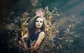 grass, girl outdoors, long hair, brunette, blue eyes, Ksenia Malinina