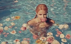 flowers, girl, water