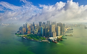 skyscraper, Manhattan, aerial view, water, clouds, landscape