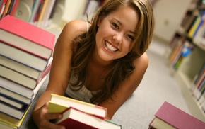 girl, long hair, smiling, library, lying down, shelves