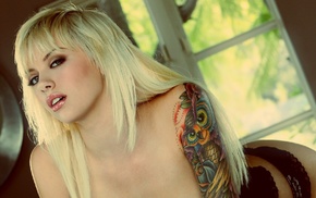 blonde, tattoo, girl, lingerie, Emma Mae