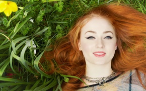 redhead, Sophie Turner, lying down, nature, yellow flowers, girl