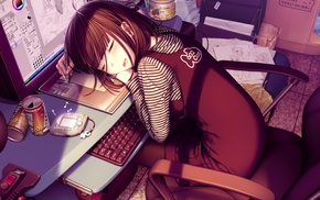 sleeping, computer, chair, graphics tablets, anime girls, Sayori