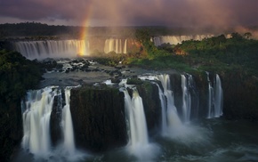 rainbows, Iguazu Falls, Brazil, waterfall, nature, clouds