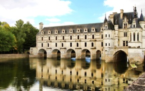 reflection, Chteau de Chenonceau, France, bridge, landscape