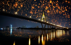 reflection, night, sky lanterns, landscape, bridge