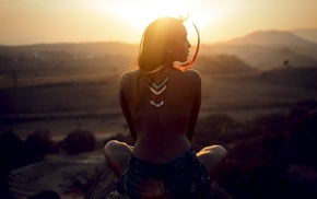 sunset, model, mountain, girl