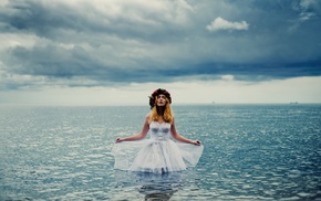 blonde, white dress, model, sea, clouds, girl