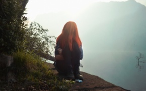 girl, redhead, cliff, sitting