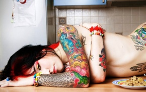 kitchen, painted nails, bracelets, dyed hair, strategic covering, nude