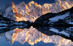 sunrise, landscape, mountain, lake, snowy peak, winter