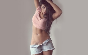 girl, jean shorts, tattoo, model