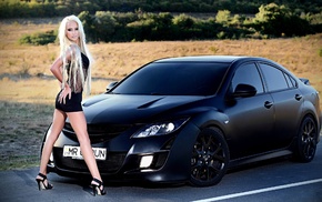 blonde, model, car, grass, girl, road