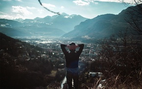 mountain, town, men, grass, nature