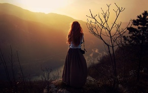 nature, girl, mountain, grass, river