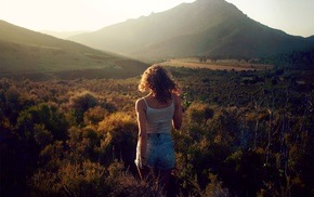 girl, Sun, nature, grass, mountain