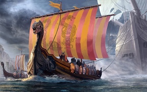 fantasy art, boat, drawing, war