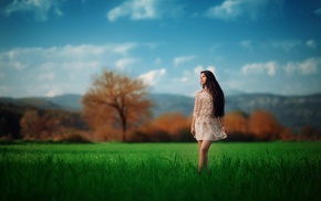 mountain, model, trees, girl, nature