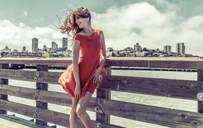 wind, city, model, red dress, girl